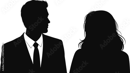 Black silhouette of man and woman in business attire man, woman, silhouette, black, suit, tie, business attire, formal, couple, people, profile, white background, business, attire, white, background, 