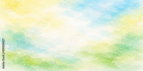 Bright abstract colorful watercolor background featuring a sunny blue sky with green grass and clouds in a vibrant summer landscape illustration