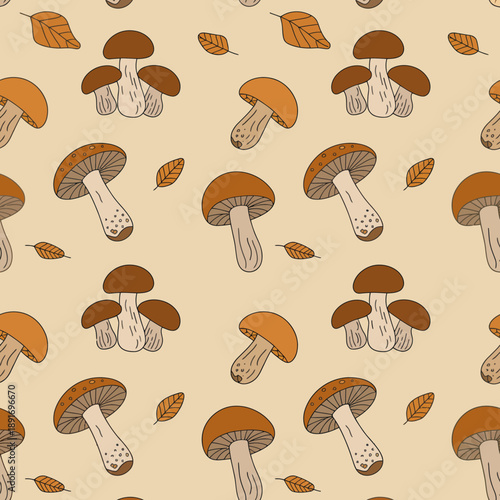 Seamless cartoon mushroom pattern with colorful edible fungi on a natural autumn forest background