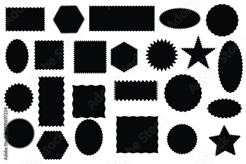 Zig zag wavy rectangle shapes set. Set of black frames with zigzag edge vector,  Edge Rectangle, Oval, Circle Stickers Set.  web design vector illustration. Vintage postage stamp frame.