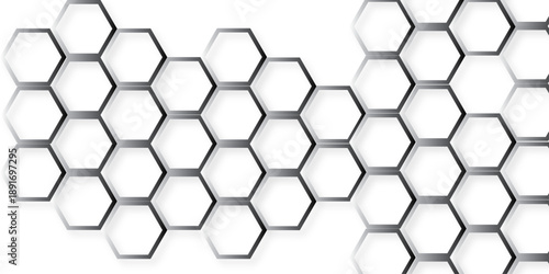 White Hexagonal Background. Luxury White Pattern. Futuristic honeycomb mosaic white background. Abstract embossed hexagon. Surface polygon pattern with glowing hexagon paper texture.