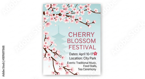 Cherry blossom festival event flyer with pink flowers and dates