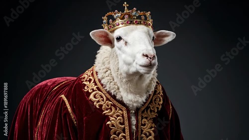Royal Sheep in Regal Attire - The video features a sheep adorned with a golden crown and a luxurious red velvet robe embellished with intricate designs.