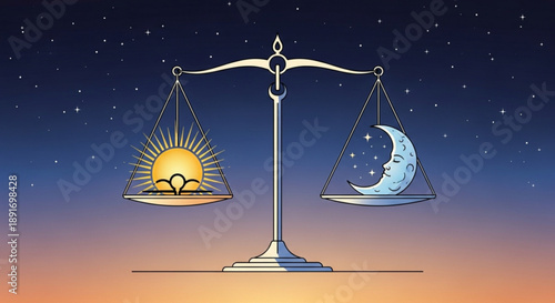 Scales balancing sun and crescent moon on starry night background