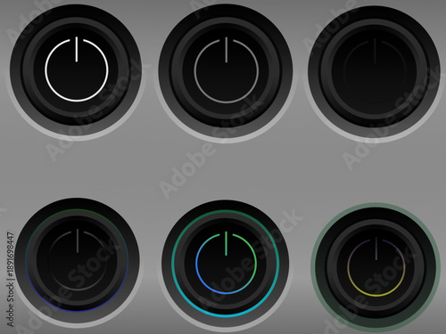 Set of six modern power button icons with colorful glow effects