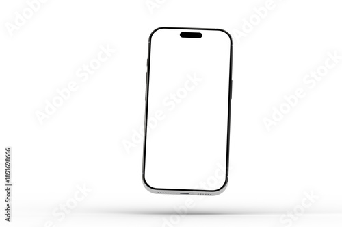High-quality image of a modern smartphone with a blank screen, perfect for app presentations or website mockups.  Isolated on white background.