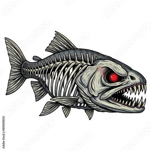 trout skeleton fish with glowing red eyes and sharp teeth on white background
