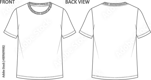 Technical fashion flat sketch illustrating the front and back views of a basic crew neck short sleeve white t-shirt design template ready for customization