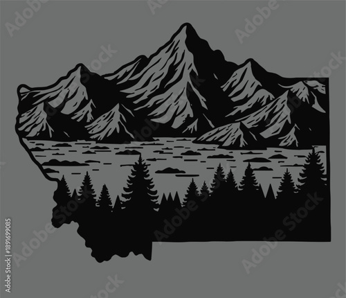 Montana Mountain Landscape Silhouette in Black and Gray - Nature and Wilderness Illustration