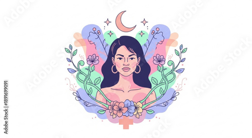 Woman with long dark hair surrounded by colorful flowers and crescent moon