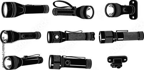 Black vector flashlight silhouette set including tactical and household torch lights isolated on white background for security and camping design