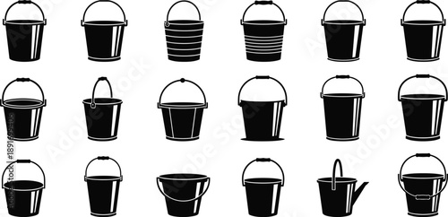 Bucket Silhouette Collection Featuring Various Shapes, Handles, and a Watering Can for Utility, Icon, and Design Use