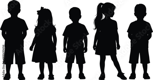 children kids child silhouettes group standing boys girls classmates school age human black isolated vector