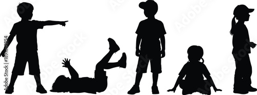 children kids child silhouettes playing standing sitting falling pointing activity poses human black isolated vector illustration
