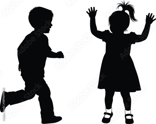 children kids child silhouettes playing running boy girl happy playful activity human people black isolated vector