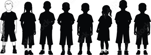 Children silhouette flat vector illustration, boys girls standing row, diverse kids group concept isolated white background black design minimal style