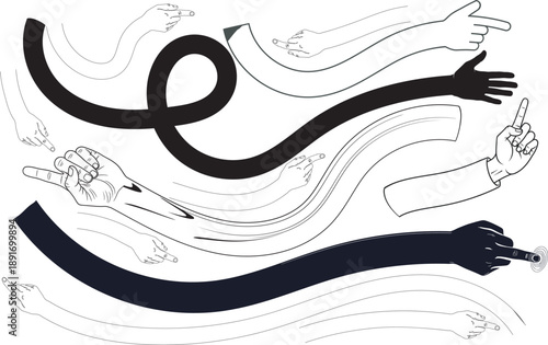 Silhouette of abstract figure with arms and legs in dynamic movement black shape on white background