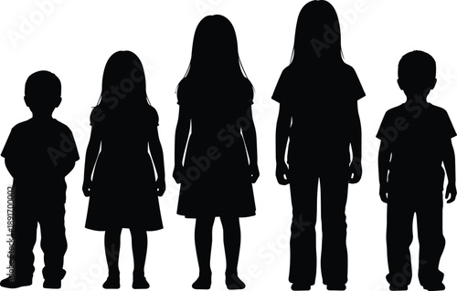 Children silhouettes standing in row, boys and girls different ages and heights, kids back view black figures isolated white background