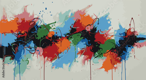 Vibrant abstract artwork featuring splattered paint, dynamic shapes, and colorful textures, creating a lively and emotive visual experience from a close-up viewpoint.