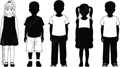 Children silhouettes and outline characters standing together, boys and girls front view, kid body shapes isolated on white background illustration