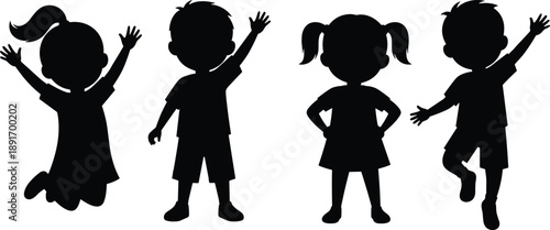children, silhouette, kids, playing, jumping, happy, child, boy, girl, pose, black, shadow, flat, vector, illustration, fun, isolated, white, background, activity