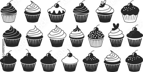 Collection of 18 Black Silhouette Cupcakes with Different Frosting and Cherry Designs dessert sweet