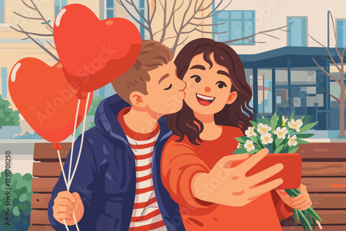 The little boy gives his sweetheart a bouquet of flowers and a kiss.