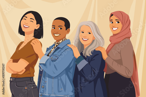 Group of supportive friends standing together with arms around each other.