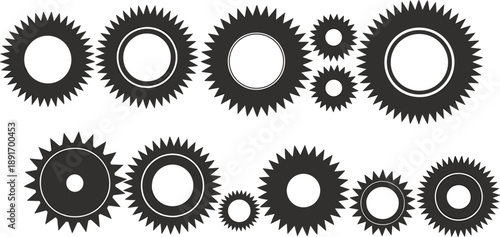 Collection of black silhouette gears of various sizes and designs on a white background Keywords: gear, cog, cogwheel, mechanism