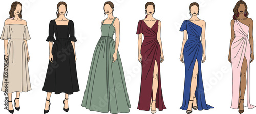 Elegant women fashion illustration set featuring evening dresses and gowns in modern minimalist style for runway and party wear isolated on white background