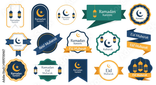 Set of colorful Ramadan and Eid Mubarak labels