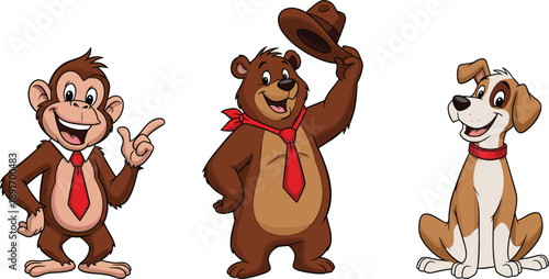 Funny cartoon animal characters set featuring cheerful monkey bear and dog mascots isolated on white background vector illustration