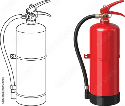 Fire extinguisher illustration set showing outline and realistic red safety equipment isolated on white background vector design
