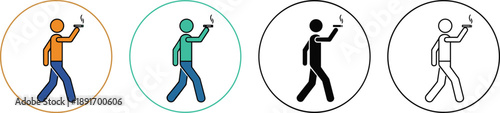 Smoking prohibited pedestrian pictogram icons showing walking person with cigarette in multiple color styles inside circular frames isolated on white background