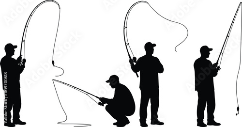 Fishing Man Silhouette Set with Different Casting Poses and Rod Actions Isolated on White Background for Outdoor Sport Design