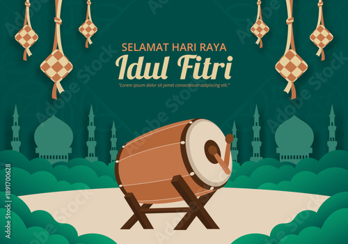 Idul Fitri festive background design featuring bedug drum and mosque silhouette and Ketupat