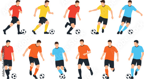 Soccer player action poses set showing football athletes dribbling ball isolated on white background flat vector illustration