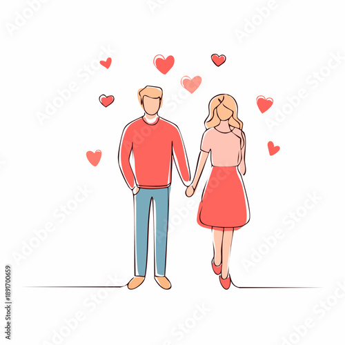 Illustration of a loving couple holding hands with red hearts floating around them, symbolizing romance and affection.