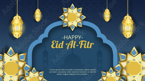 Eid al Fitr greeting background featuring golden lantern with mosque silhouette and typography