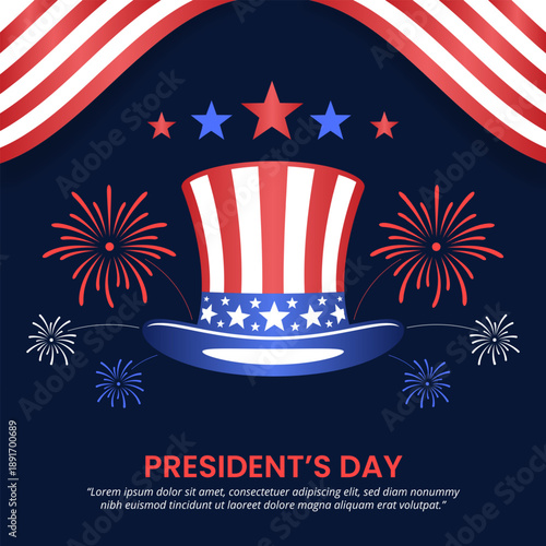 Presidents Day background with Uncle Sam hat and fireworks in a national celebration theme