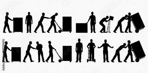 Set of black silhouettes of people moving boxes and using hand trucks, depicting various stages of lifting and pushing objects, isolated on a transparent background.