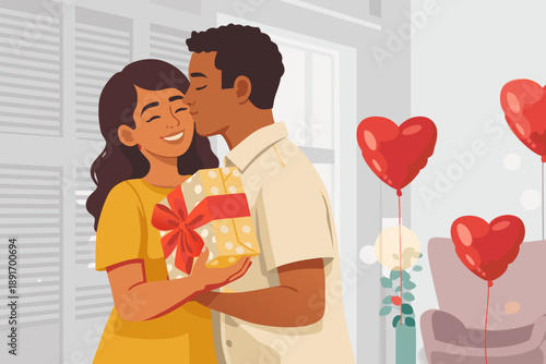 Romantic couple sharing a gift and a kiss near red balloons.