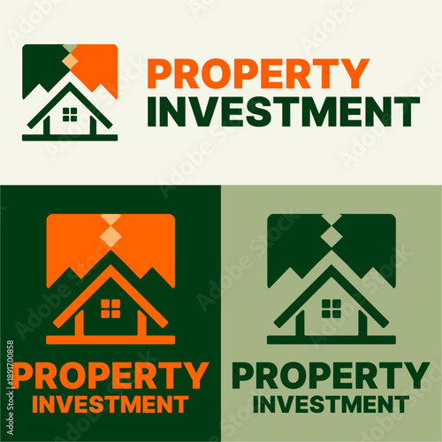 Property investment logo featuring house symbol with three hills or spear shapes. Ideal for real estate investment, property developer, housing company, construction firm, and financial property brand