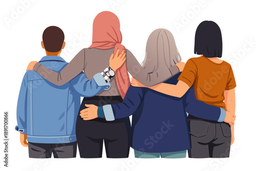 Friends standing together with their backs to the camera.