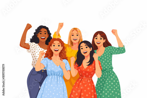 Group of friends cheering and celebrating with raised hands.