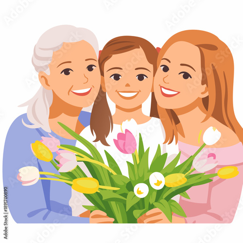 Mother and daughters holding a large bouquet of spring flowers.