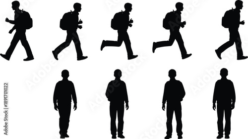Man backpack silhouette flat vector illustration, walking running poses set, traveler hiker outdoor activity isolated white background minimal design collection