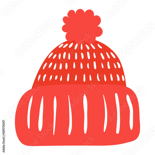 Warm knitted hat isolated on transparent. Hand drawn flat vector illustration. Seasonal design element, winter clothes decoration, knitting clip art