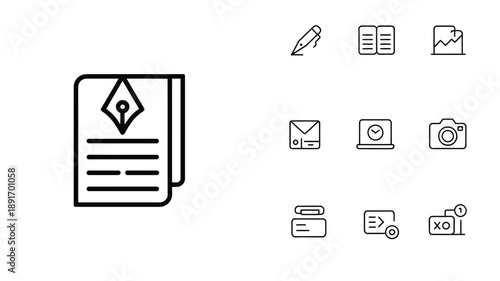 Blogger Line Icon Set with Writing and Content Creation Symbol