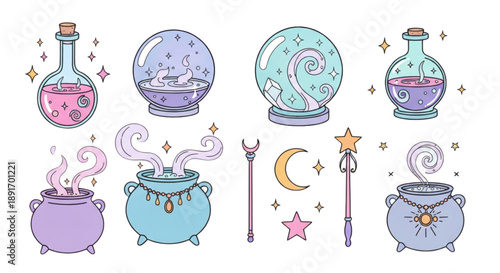 Witchcraft magic potion and cauldron pastel vector set